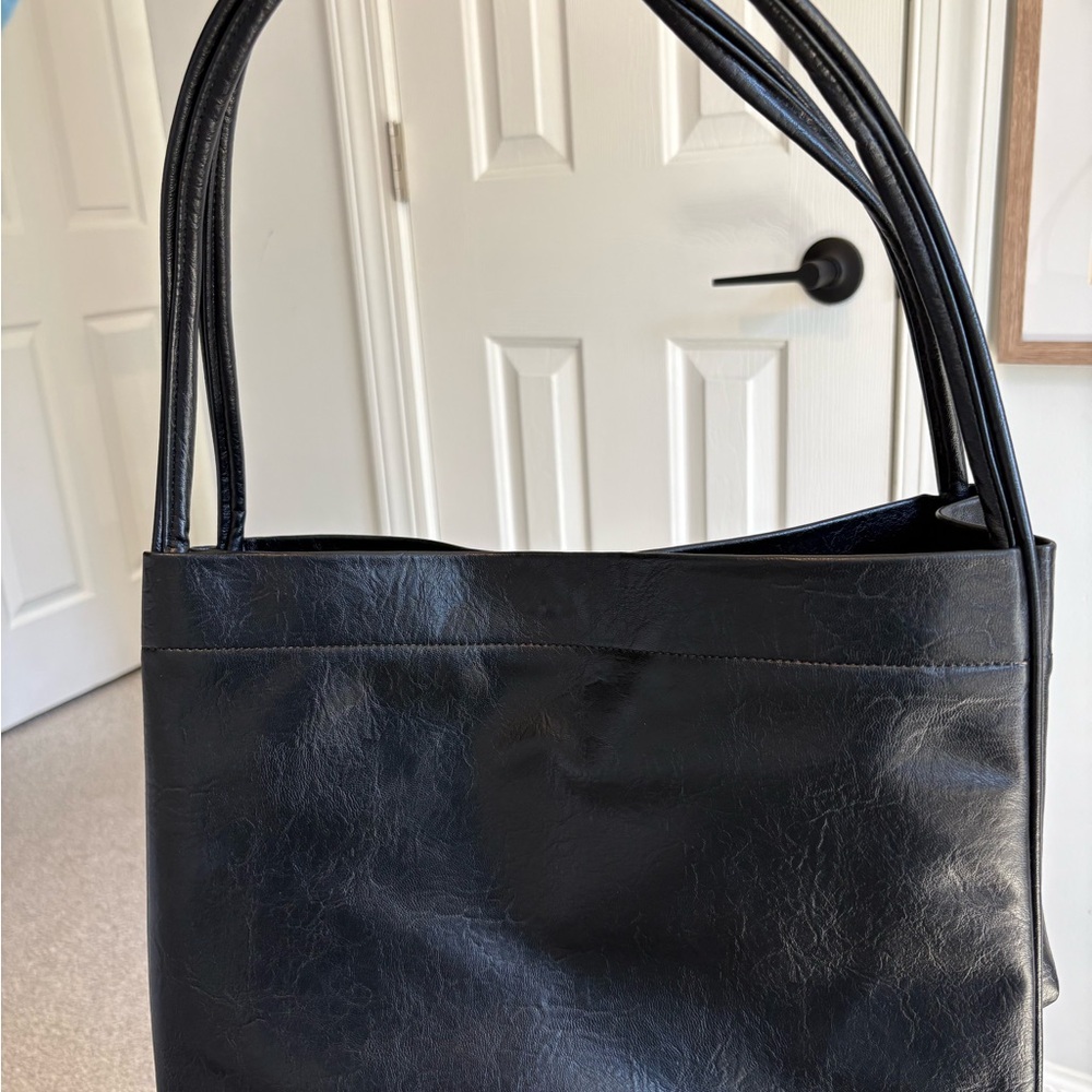 Classic Black Leather Tote Bag Work Bag